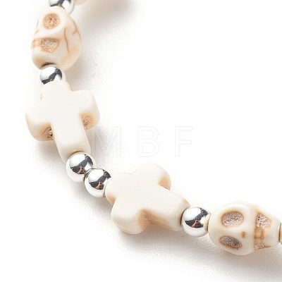 Synthetic Turquoise(Dyed) Cross & Skull Beaded Stretch Bracelet BJEW-JB08451-1