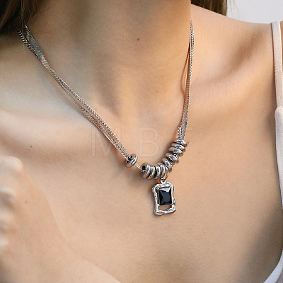 Natural Black Agate(Dyed & Heated) 304 Stainless Steel Rectangle Pendant Necklaces for Women WG07BA4-01-1