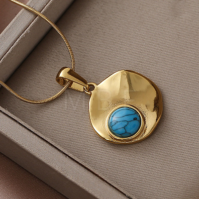 304 Stainless Steel with Dyed Synthetic Turquoise Disc Pendant Necklaces for Women ON4830-1