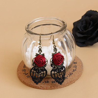 Alloy Rose Lace Ribbon Dangle Earrings FS-WGCF5EC-02-1