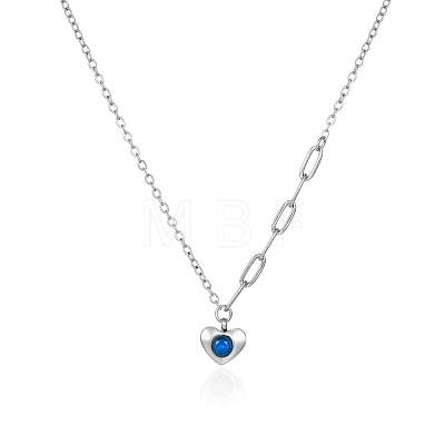 304 Stainless Steel Pave Blue Cubic Zirconia Heart Pendant Cable Chain Necklaces for Women OU4344-2-1