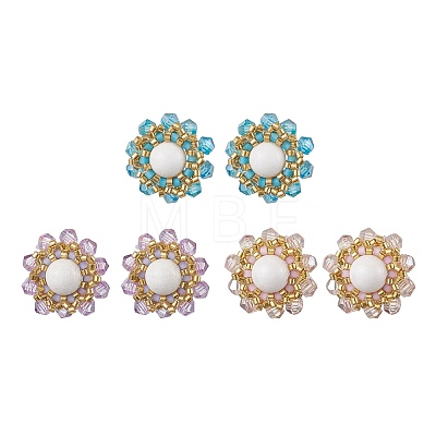 3 Pairs Flower Glass Seed Beaded with Natural Mashan Jade Stud Earrings for Women EJEW-MZ00208-1