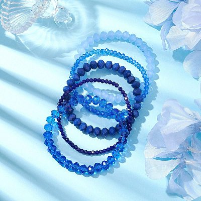 5Pcs 5 Styles Faceted Round Glass Beaded Stretch Bracelet Sets BJEW-JB10423-04-1