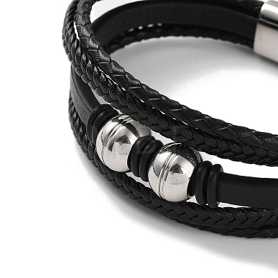 Men's Braided Black PU Leather Cord Multi-Strand Bracelets BJEW-K243-11P-1