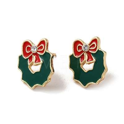 Enamel Christmas Wreath Alloy Glass Rhinestone Stud Earrings for Women EJEW-E284-06LG-1