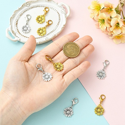 8Pcs 2 Colors Sunflower Alloy Pendant Decorations HJEW-YW00565-1