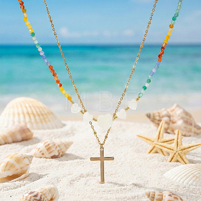 Summer Beach Rainbow Natural Mixed Stone and White Shell Heart Beaded Double Layer Necklaces with Stainless Steel Religion Cross Pendant EX6128-1-1