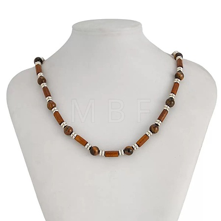 Adjustable Vintage Bohemian Men's Round Natural Tiger Eye and Column Wood Beaded Necklaces HA1225-1