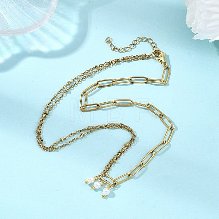 White Round Shell Pearl Pendant 304 Stainless Steel Mixed Chain Necklaces for Women NJEW-JN06101-1