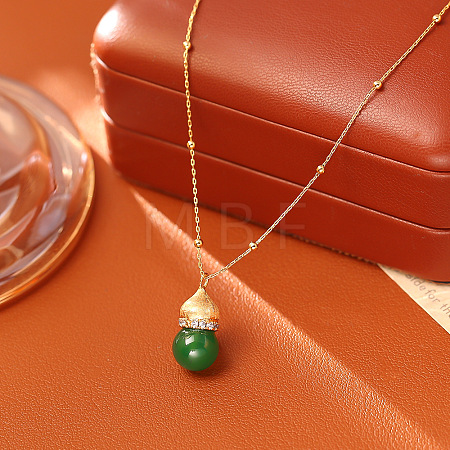 Natural Green Onyx Agate(Dyed & Heated) Gourd Shaped Pendant Brass Satellite Chain Necklaces with Clear Cubic Zirconia for Women WGAC9F4-04-1
