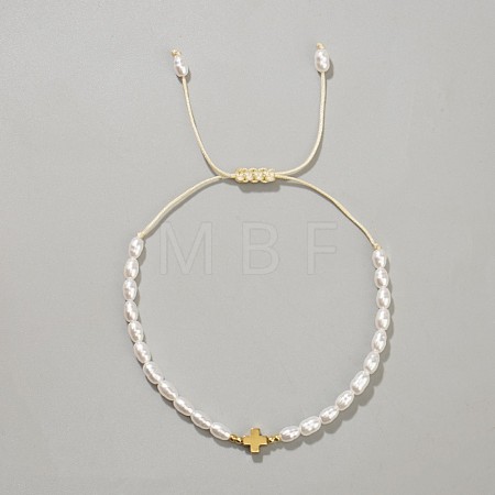 Synthetic Non-magnetic Hematite Cross Imitation Pearl Beaded Braided Bracelets for Women DB0694-5-1