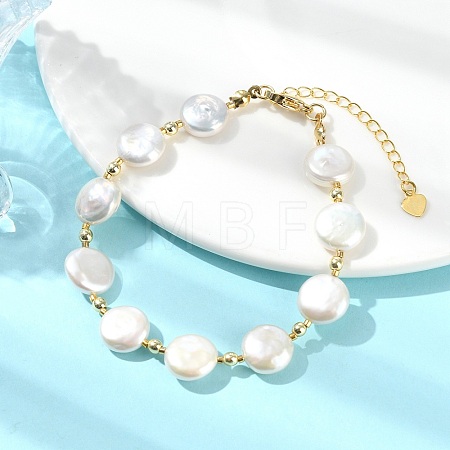 Natural Keshi Pearl Flat Round Beaded Bracelets for Women BJEW-JB13621-1