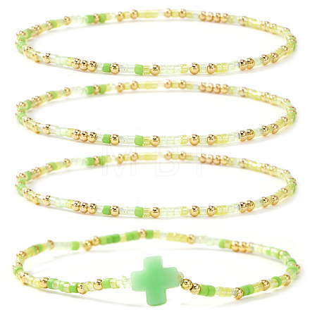 4Pcs Vintage Cylinder Seed Beads &  Brass Beaded Bracelet Sets VC6317-1-1