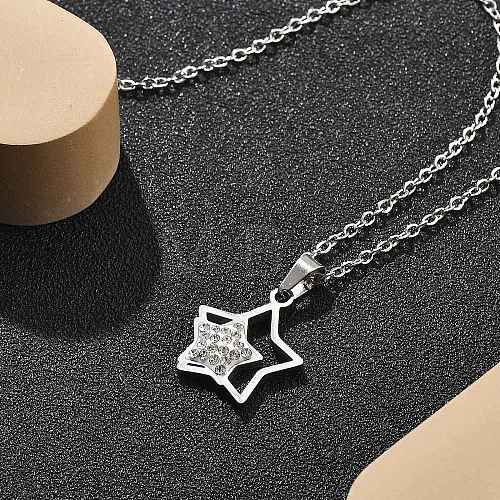 304 Stainless Steel Crystal Rhinestone Double Star Pendant Cable Chain Necklaces NJEW-Z056-02B-P-1