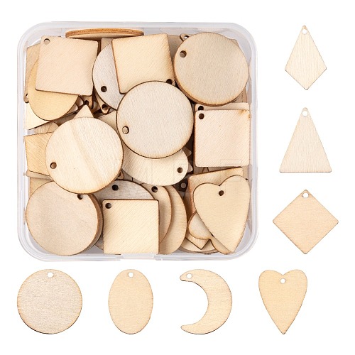 70Pcs 7 Style Unfinished Natural Poplar Wood Pendants WOOD-LS0001-21-1