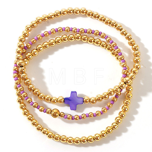 3Pcs Golden Luxury Brass Beaded Gothic Cross Ladies Elastic Bracelet Sets MP9967-3-1