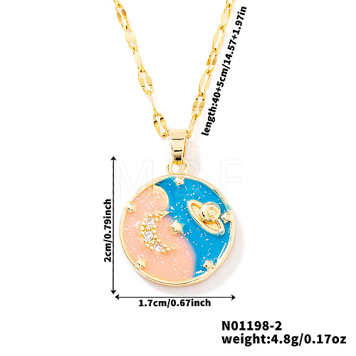 Brass Coral & Blue Enamel Round Universe Star Glitter Pendant Dapped Chain Necklaces for Women HP9168-2-1