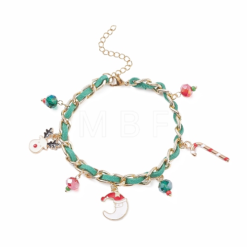 Christmas Candy Cane & Reindeer & Moon Alloy Charm Bracelet with Glass Beads BJEW-TA00090-01-1