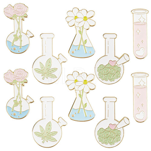 10Pcs 5 Style Chemistry Bottle with Flower Enamel Pins JEWB-BBC0001-01-1