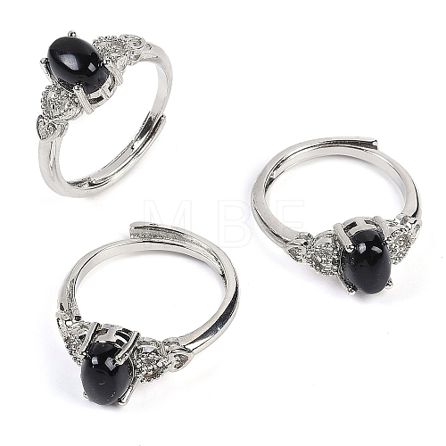 Oval Natural Black Agate Adjustable Rings RJEW-Q819-01P-09-1