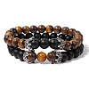 2Pcs 2 Styles Natural Tiger Eye & Black Obsidian Beads Stretch Bracelet Set for Women Men MO5189-1-1