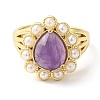 Natural Mixed Gemstone Teardrop Adjustable Ring with Plastic Pearl Beaded RJEW-E075-01G-3