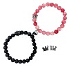 2Pcs Matching Natural Black Matte Stone & Strawberry Quartz Round Beads Stretch Bracelets PT6851-4-1