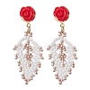 Rose with Leaf Seed Beads Stud Earrings EJEW-MZ00222-3