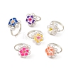 Silver Tone Copper Wire Wrapped Polymer Clay 3D Flower Plumeria & Shell Pearl Beaded Finger Rings RJEW-JR01098-2