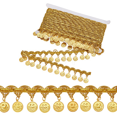 Polyester Braided Metallic Lace Trim with Metal Flat Round Tassel OCOR-WH0082-538-1