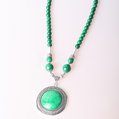 Vintage Alloy with Dyed Synthetic Turquoise Bohemian Flat Round Pendant Round Beaded Necklaces for Women DH5504-4-1