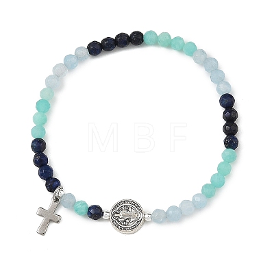 Gradient Natural Mixed Stone Faceted Round Beaded Stretch Bracelets with Alloy Saint Benedict Medal BJEW-JB14401-01-1