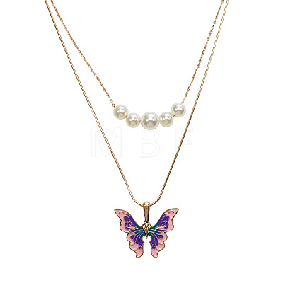 Alloy Enamel & Round Imitation Pearl Double Layered Butterfly Pendant Necklaces for Women WG304A4-01-1