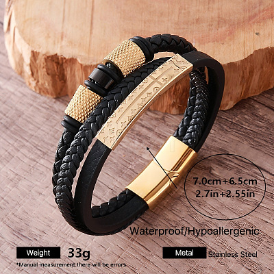 Vintage 304 Stainless Steel Braided PU Leather 3-Strand Bracelets with Magnetic Clasps for Men AW4571-1-1