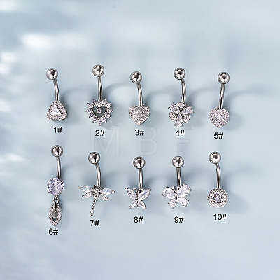 316L Surgical Stainless Steel Clear Cubic Zirconia Curved Barbell Belly Rings WG7644D-03-1