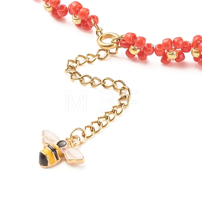 Glass Seed Beaded Flower Necklace with Alloy Enamel Bee Charm NJEW-JN03817-05-1