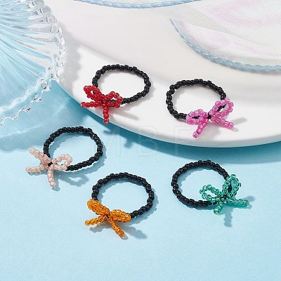 Glass Seed Beaded Bowknot Stretch Finger Rings RJEW-MZ00012-1
