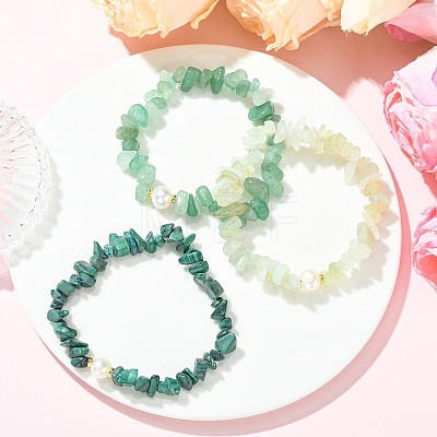 3Pcs 3 Styles Natural Mixed Gemstone Chip & Cultured Freshwater Pearl Beaded Stretch Bracelets Set for Women BJEW-JB13762-02-1