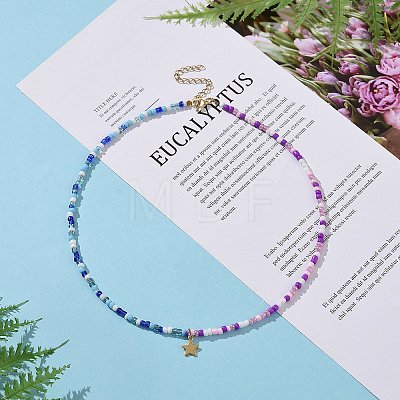 304 Stainless Steel Star Pendant Necklace with Glass Seed Beaded Chains for Women NJEW-JN04290-1