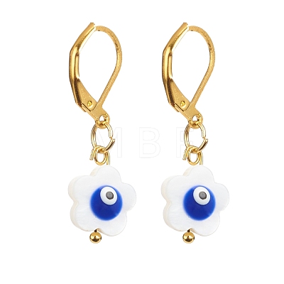 Natural Shell Flower with Evil Eye Dangle Leverback Earrings EJEW-JE05001-1
