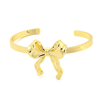 Bowknot Rack Plating Brass Open Cuff Bangles for Women BJEW-P322-06B-G-1