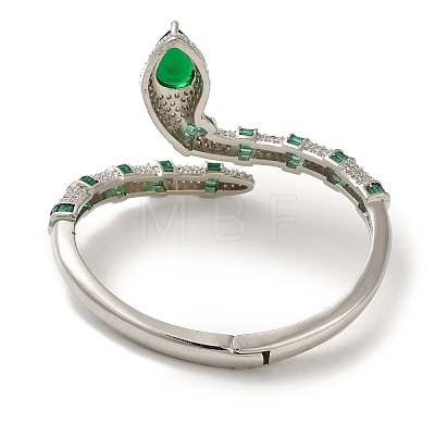 Brass Pave Green & Clear Cubic Zirconia Snake Open Cuff Bangle for Women BJEW-K246-10P-1