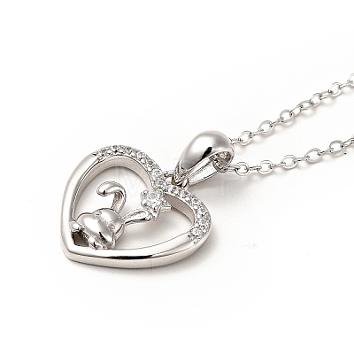 Rhodium Plated 925 Sterling Silver Rabbit with Heart Pendant Necklace with Clear Cubic Zirconia for Women NJEW-E034-01P-1