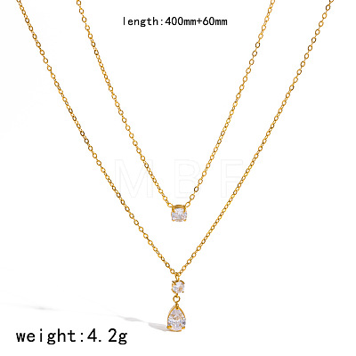 304 Stainless Steel Pave Clear Cubic Zirconia Teardrop Pendant Double Layer Necklaces for Women WG4ACB0-02-1