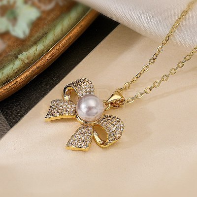 Brass Micro Pave Clear Cubic Zirconia Bowknot Pendant Necklaces NJEW-C054-04G-1