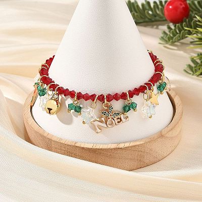 Alloy Enamel Christmas Hat Holly Leaves Charm K9 Glass Faceted Bicone Beaded Bracelets BJEW-TA00764-1