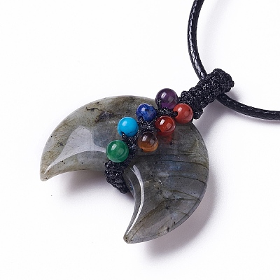 Adjustable Natural & Synthetic Mixed Gemstone Double Horn Pendant Necklace with Wax Cord for Women NJEW-B086-01-1