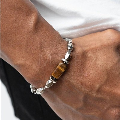 Synthetic Non-magnetic Hematite & Natural Tiger Eye Beaded Stretch Bracelets for Men WG47D8F-01-1
