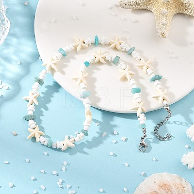 Ocean Natural Amazonite Chip & Natural White Shell Disc & Dyed Starfish Synthetic Turquoise Beaded Necklaces for Women NJEW-JN06390-1