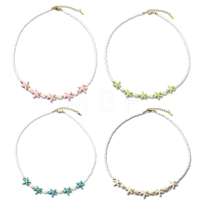 Ocean Sea Animals Synthetic Turquoise & Natural Cultured Freshwater Pearl & Glass Seed Beaded Necklaces for Women NJEW-JN06127-01-1
